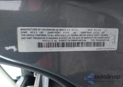 2011 Volkswagen Jetta 2.5L Se from USA, damaged, VIN 3VWDZ7AJ9BM346746